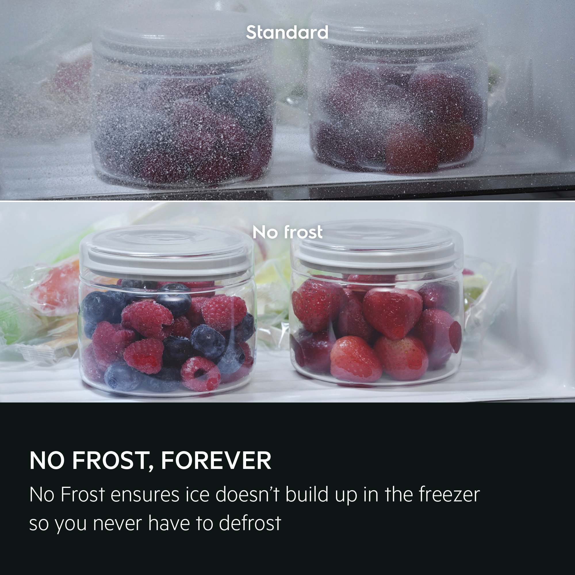 No Frost technology prevents ice buildup – no need to defrost. 