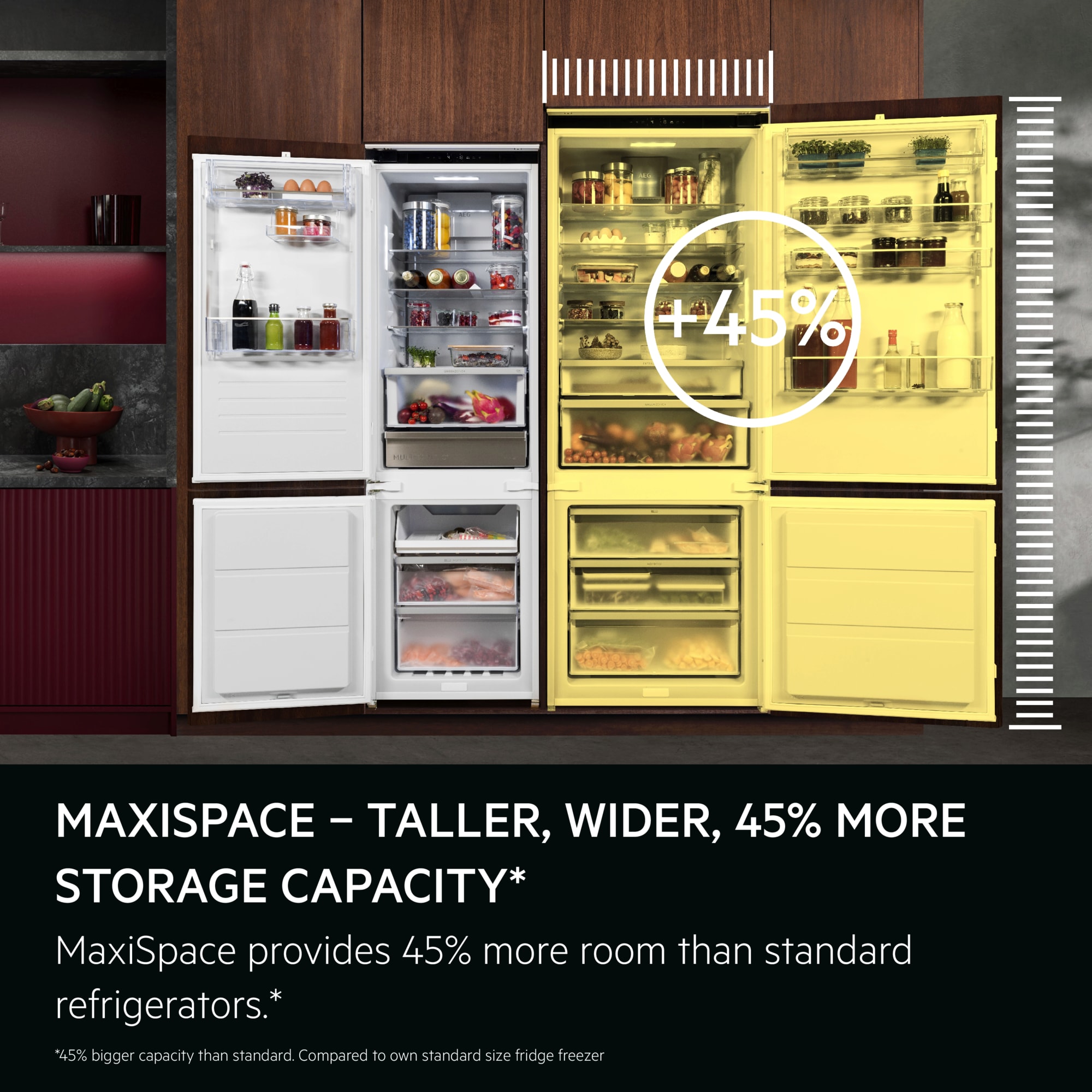 MaxiSpace - taller, wider, 45% more storage capacity. MaxiSpace provides 45% more room than standard refrigerators. Disclaimer: 45% bigger capacity than standard. Compared to own standard size fridge freezer.