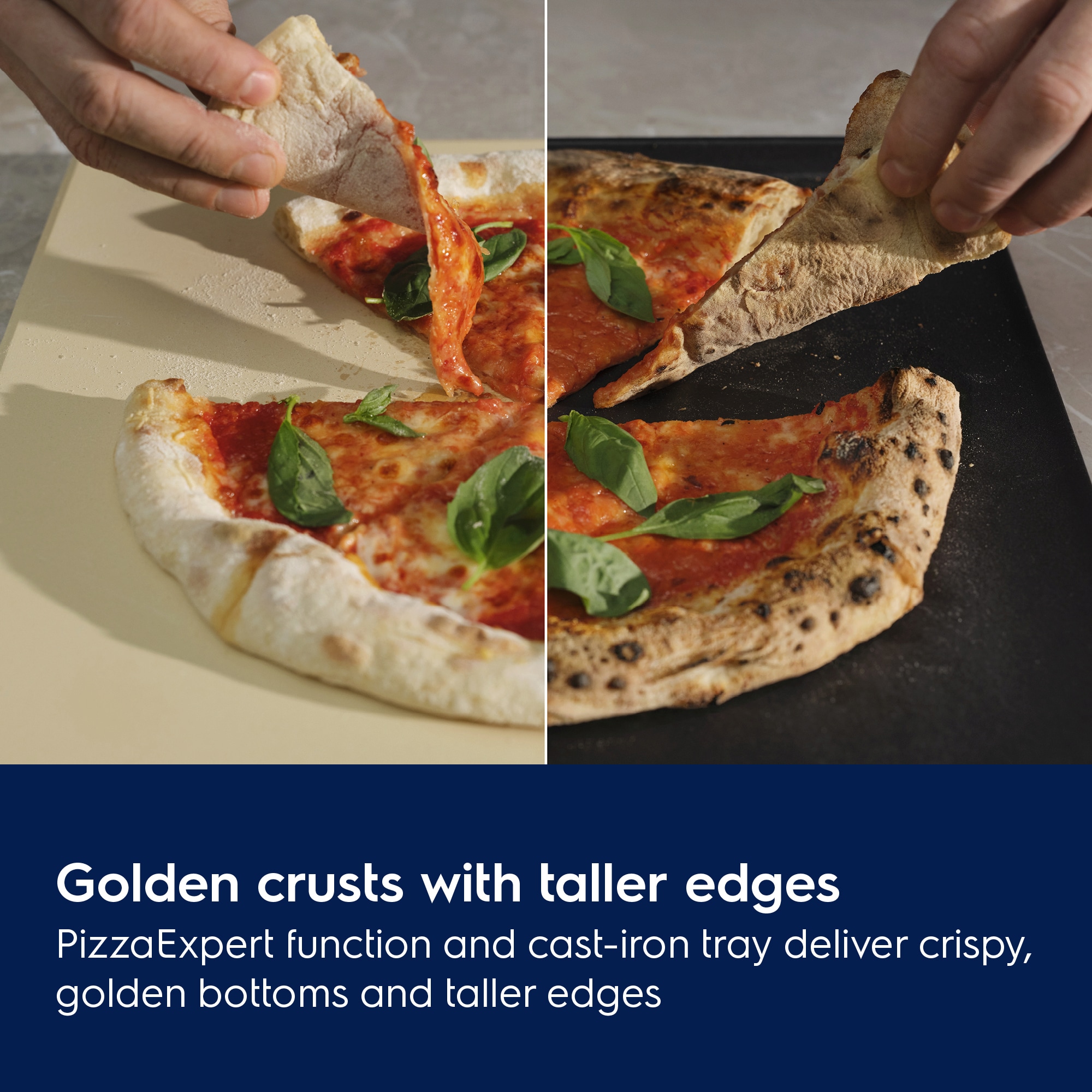 Two different pizzas shown with different results baked on different trays