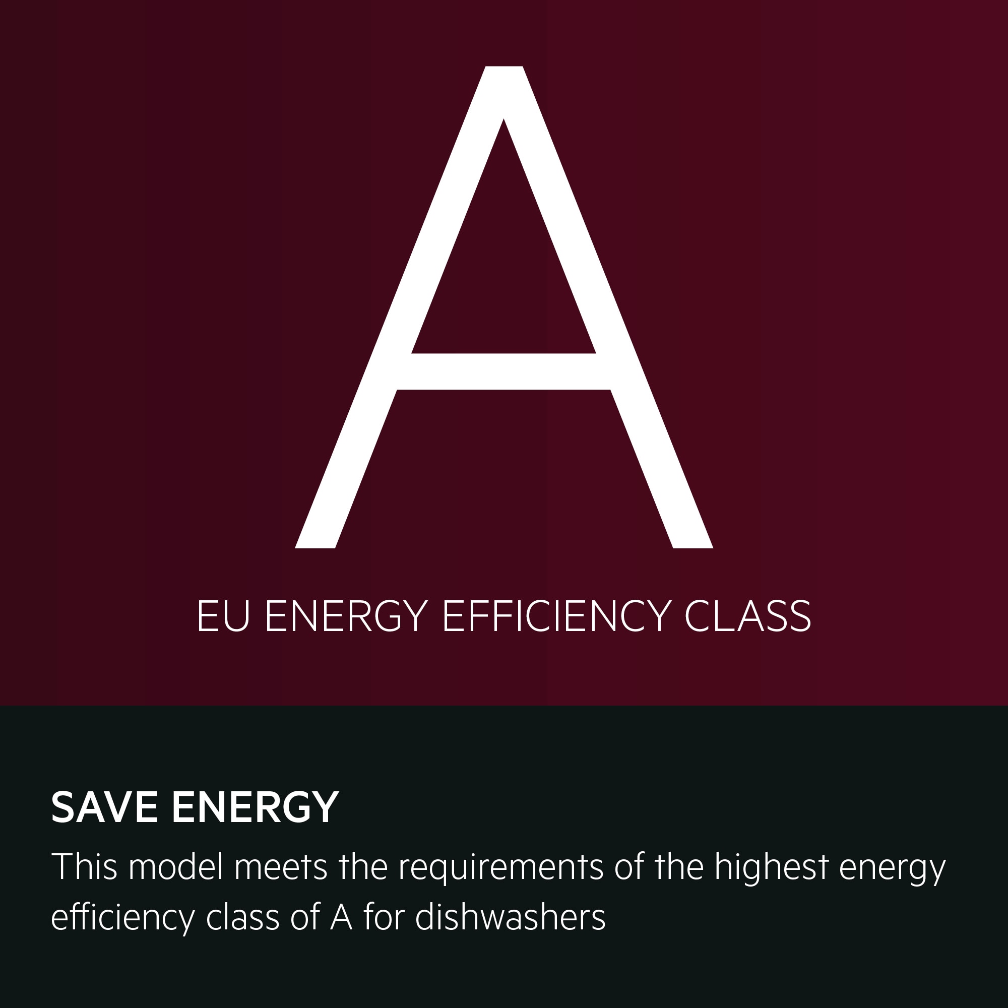Save Energy.This model meets the requirements of the highest energy efficiency class of A for dishwashers.