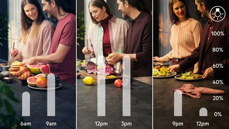 Collage of three different images of a couple in a kitchen.