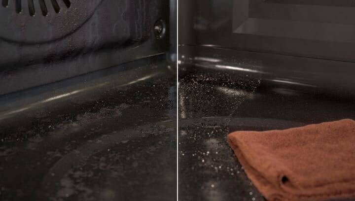 A dirty oven is being cleaned with pyrolytic cleaning.
