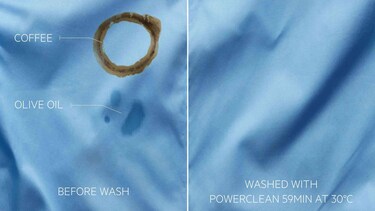 stained shirt with coffee and olive oil before and after washing with PowerClean 59min 30°